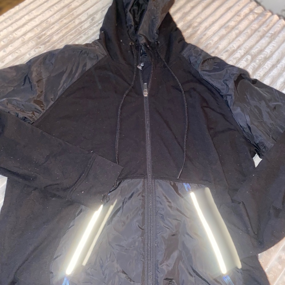 Asics Black Windbreaker with Reflective Strips and Hood